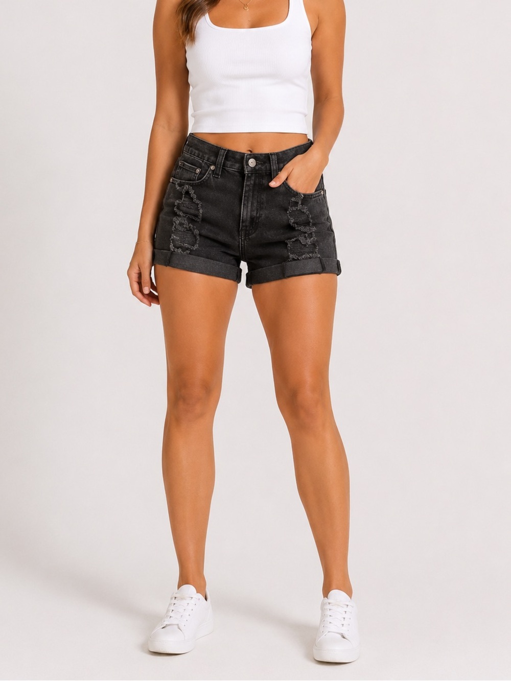 Aeropostale Women’s Size 00 High Rise Midi Shorts Cuffed Distressed Black Denim